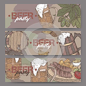 Three color landscape beer party banners with beer keg, mug, chips, hop branch and snack plate.