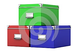 Three color office cardboard boxes isolated on white