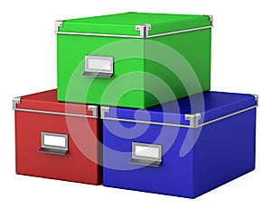 Three color office cardboard boxes isolated on white
