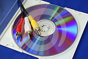 Three-color RCA video cables on a CD photo