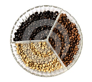 Three color of rosted and unroasted coffee beans beans in glass plate isolated on white background, clipping path
