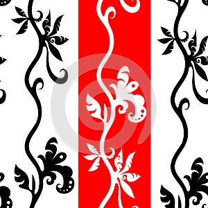 Three color vector abstract floral pattern of curls on a vertical stem, black and white creepers on a red-white background
