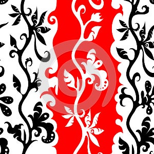 Three color vector seamless border pattern of curls on a vertical stem, black and white creepers on a red-white background.