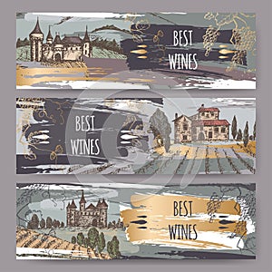 Three color wine label templates with castles, vineyard landscapes, grapevine.