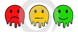 Three colored cartoon emoticons, set emotion. Customer reviews. Feedback concept rating. Check mark on sticker smile melted face