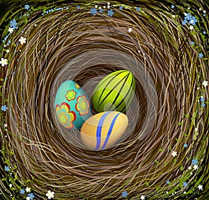 Three colored Easter s eggs in the nest with hay, decorated with blue and white flowers, Easter composition,