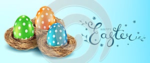 Three colored eggs in bird`s nests, happy Easter
