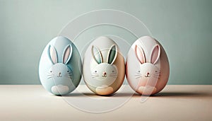 Three colored eggs with happy bunny faces and ears on them, arranged in a row. Creative Easter themed background. Created with AI