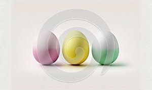 three colored eggs in a row on a white background with a light reflection on the bottom of the egg, and the third one in the