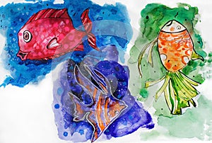 Three colored fish on a watercolor background