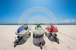 Three colored jet skies on the beach in Kendwa Zanzibar Tanzani Jet-ski