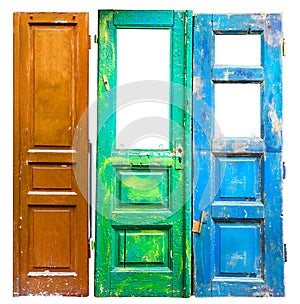 Three colored old wooden doors