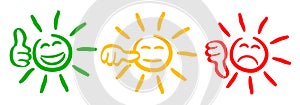 Three colored sun with valuation thumbs, smilies, set smiley emotion, by smilies, cartoon emoticons sun - vector