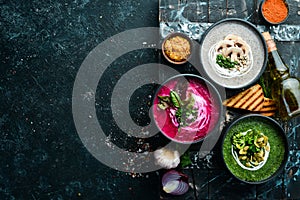 Three colored vegetarian soups. Mushroom, beetroot and broccoli soup.