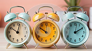 Three colorful alarm clocks on a wooden table, AI