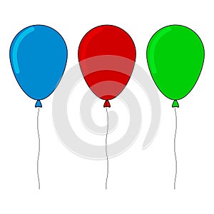 Three colorful balloons in cartoon style. Isolated on white background. Vector.
