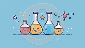 Three colorful beakers with smiling faces and stars, AI