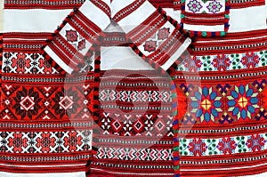 Three colorful belorussian towel and napkins with geometric patt