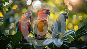 Three Colorful Birds Perched on a Tree Branch