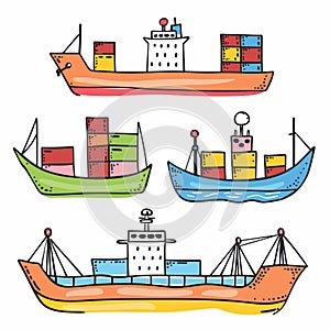 Three colorful cargo ships carrying stacks containers. Handdrawn style maritime transportation