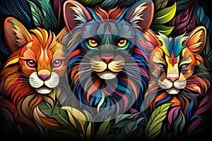 three colorful cats on a black background