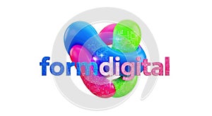 Colorful 3 D abstract spheres with digital pattern and formdigital text blue