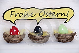 Three Colorful Easter Eggs With Comic Speech Balloon With German Frohe Ostern Means Happy Easter
