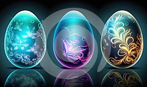 three colorful easter eggs with a floral design on the inside of them, and one with a butterfly on the outside of the egg, and