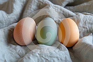 Three colorful eggs on a textured fabric background