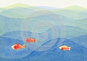 Three colorful fish swimming in a blue ocean.