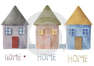 three colorful houses watercolor illustration