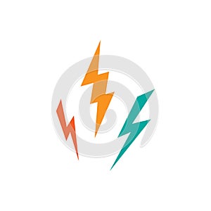 Three colorful lightning bolts. storm or thunder icon. Bright lightning strike sign isolated on white