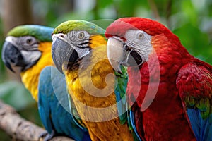 Three Colorful Macaws Perched on a Branch
