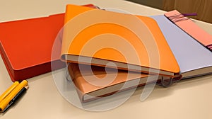 Three Colorful Notebooks Resting on a Tabletop