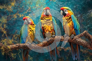 Three colorful parrots sit on a branch. Generative AI