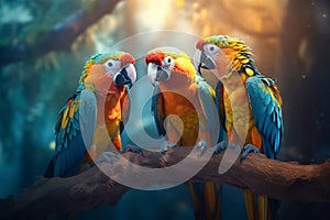 Three colorful parrots sit on a branch. Generative AI