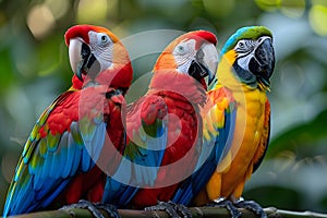 Three Colorful Parrots Sitting on a Branch Generative AI