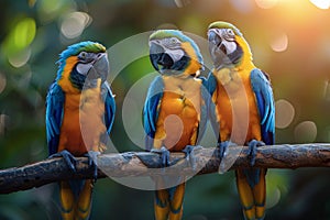 Three Colorful Parrots Sitting on a Tree Branch