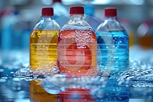 Three colorful plastic bottles of liquid soap with bubbles on a table.