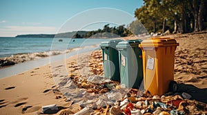 Three Colorful Plastic Waste Containers For Separate Collection Of Garbage, Trash Cans on sandy beach, Segregate waste
