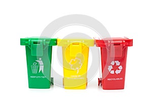 Three colorful recycle bins isolated on white background