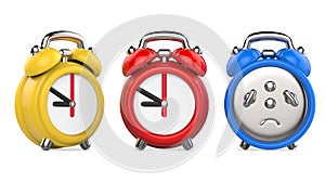 Three colorful, red, blue, yellow alarm clocks. 3d Illustration, on white background.