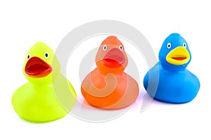 Three colorful rubber ducks