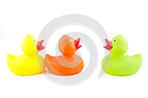 Three colorful rubber ducks