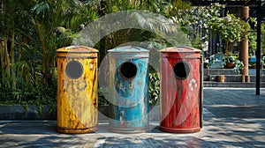 Three Colorful Rusty Metal Recycling Bins Outdoors
