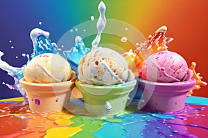 Three colorful scoops of ice cream popped into a colorful liquid ice cream mass.