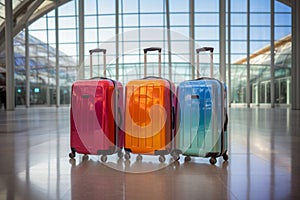 Three colorful suitcases in airport hall. Traveling or tourism concept