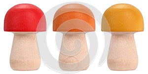 Three colorful wooden mushrooms decoration or toy