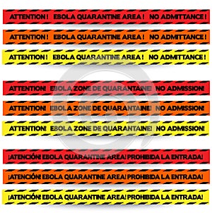 Three colors of tape to warn off people in Ebola outbreak zones, in English, French and Spanish respectively, with red, orange and