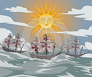 Three columbus caravels sailing to the americas